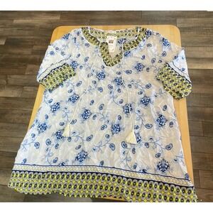 All Over Paisley Blue Print With Contrast Yellow Pattern Tunic Top L Tassels